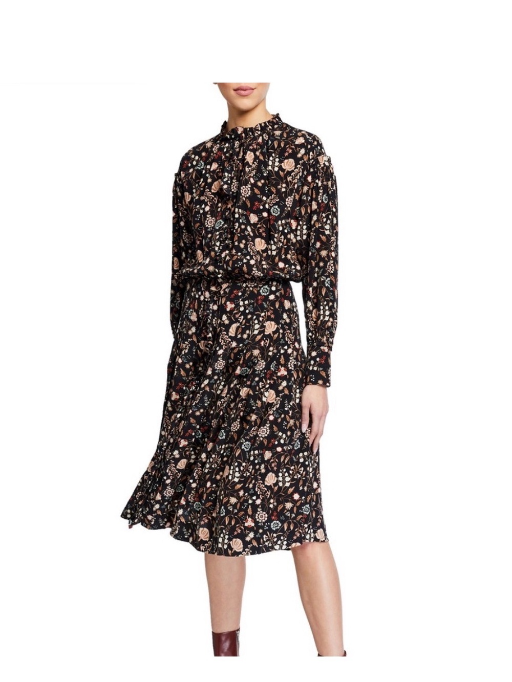 Frame Denim Black Midi Dress with Blush Floral Print
